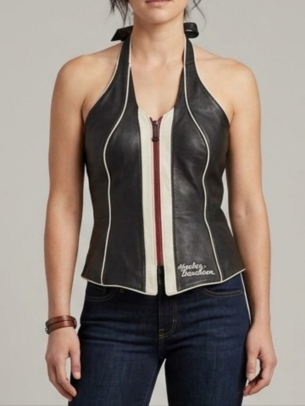 Harley Davidson Women’s Medium Vintage Black Leather Zip Crop Halter Top